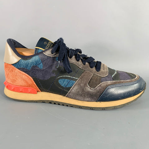 VALENTINO Size 9 Black Blue Red Color Block Leather Rubber Sole Sneakers