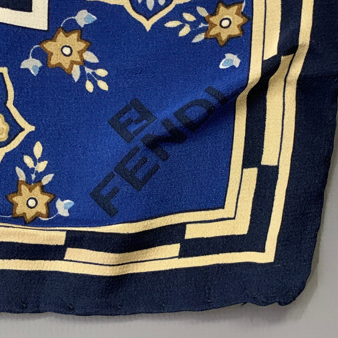 FENDI Blue Beige Abstract Floral Silk Square Scarf