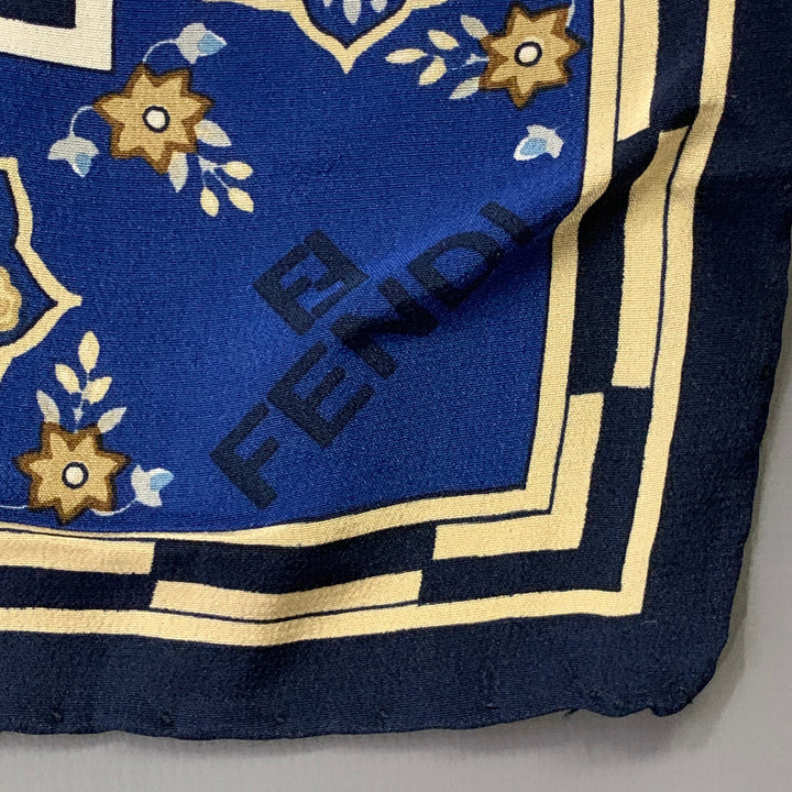 FENDI Blue Beige Abstract Floral Silk Square Scarf