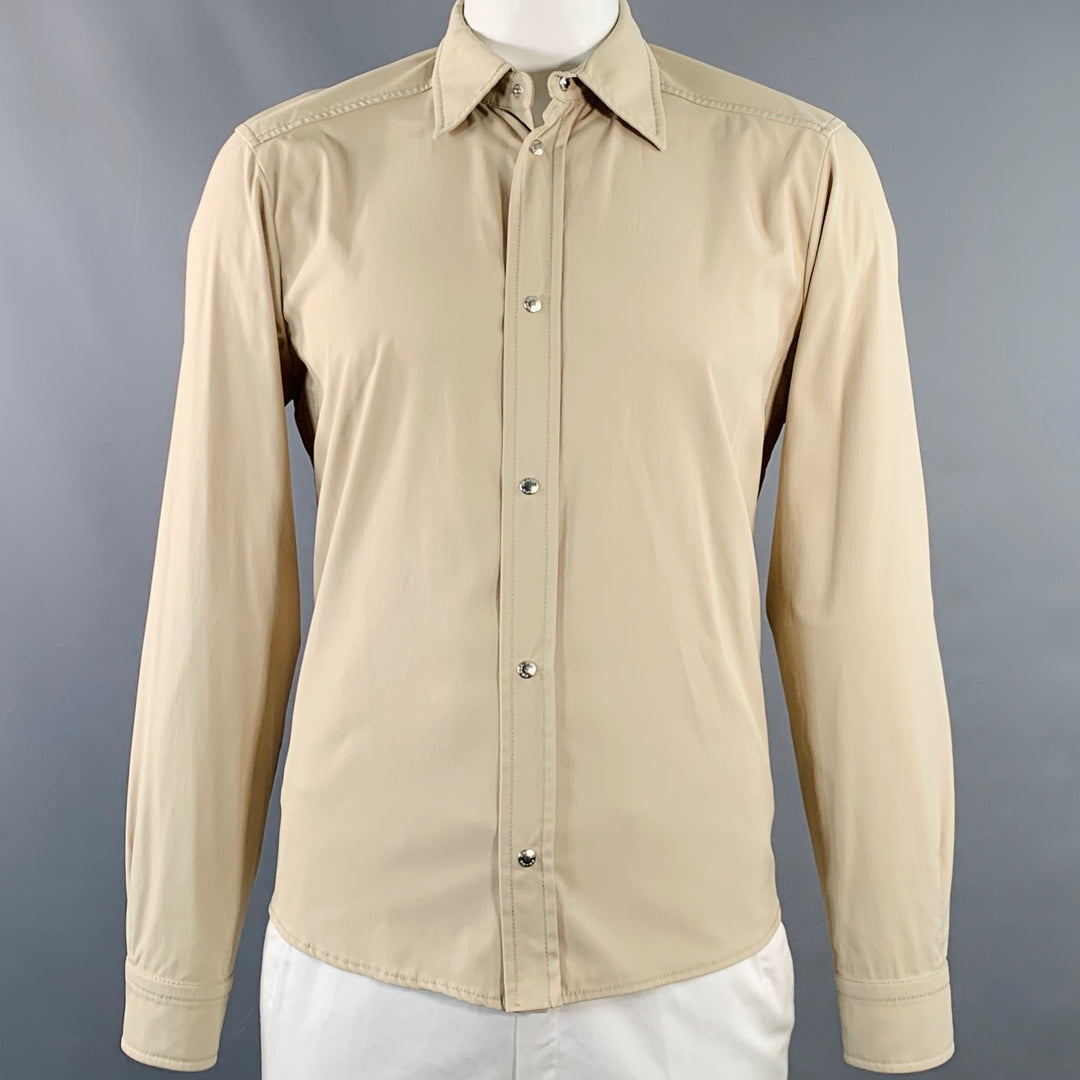 PRADA Size L Beige Nylon Blend Twill Snaps Long Sleeve Shirt