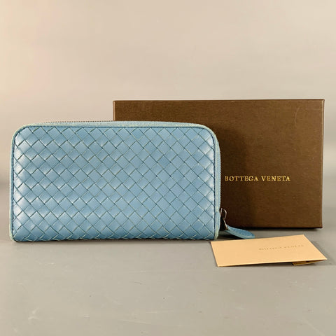BOTTEGA VENETA Blue Woven Intrecchiato Leather Zipper Checkbook Wallet