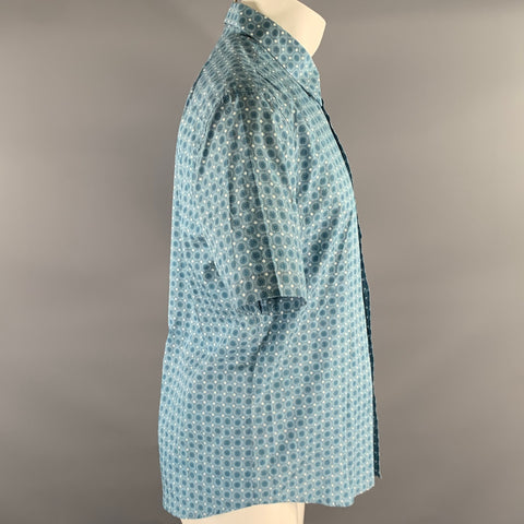 PRADA Size L Blue White Geometric Pointed Collar Short Sleeve Shirt