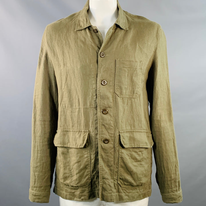 ARPENTEUR Size L Green Olive Woven Linen Chore Jacket