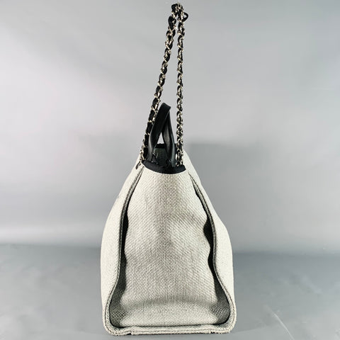 CHANEL Deanville Black Grey Tweed Straw Canvas Tote Leather Handles Handbag