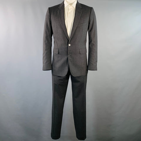 CELINE Size 44 Regular Grey Charcoal Stripe Wool Polyester Suit