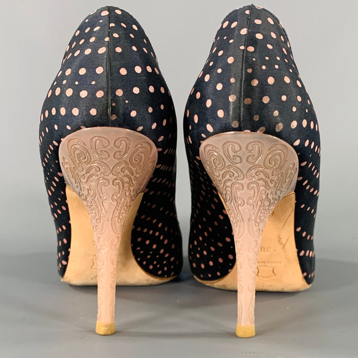 ESCADA Size 8.5 Navy Pink Silk Polka Dot Leather Trim Open Toe Pumps
