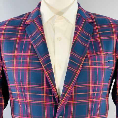 MR TURK Size 42 Navy Orange Pink Plaid Polyester Blend Sport Coat