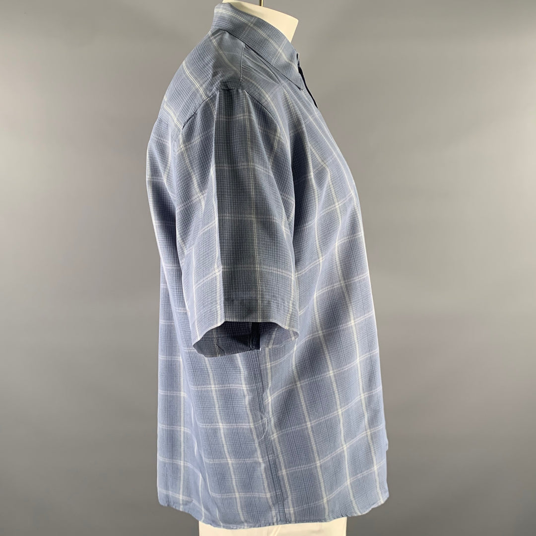 PERRY ELLIS Size L Blue Grey Plaid Rayon Blend Pointed Collar Short Sleeve Shirt