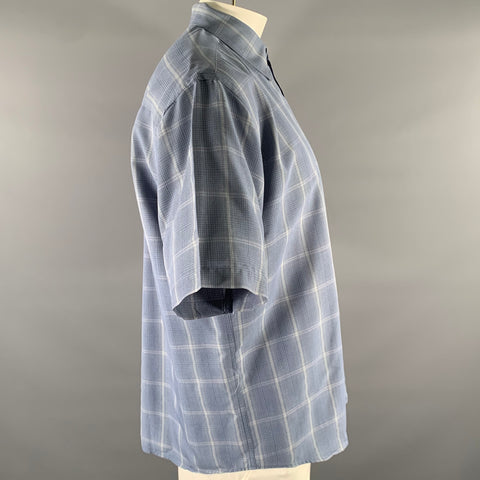 PERRY ELLIS Size L Blue Grey Plaid Rayon Blend Pointed Collar Short Sleeve Shirt