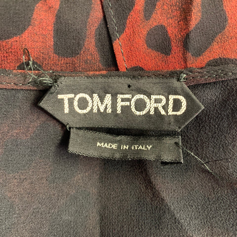 TOM FORD Size 4 Black Burgundy Silk Animal Print Ruffle Blouse