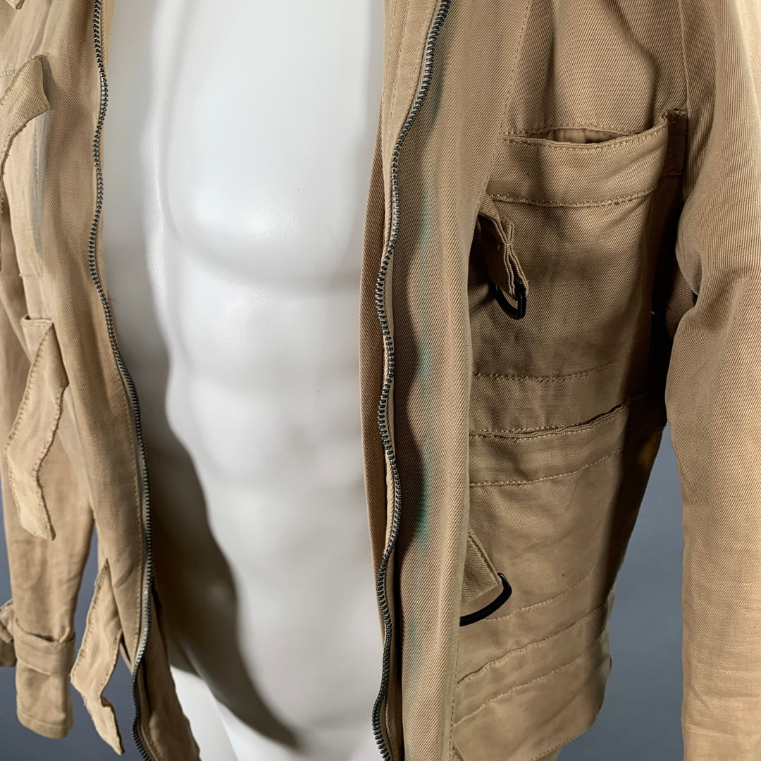 BOTTEGA VENETA Size 40 Khaki Linen Cotton Twill Buckles Zip Up Bondage Jacket