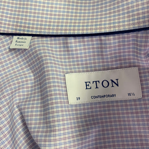 ETON Size M White Burgundy Navy Cotton Checkered Long Sleeve Shirt