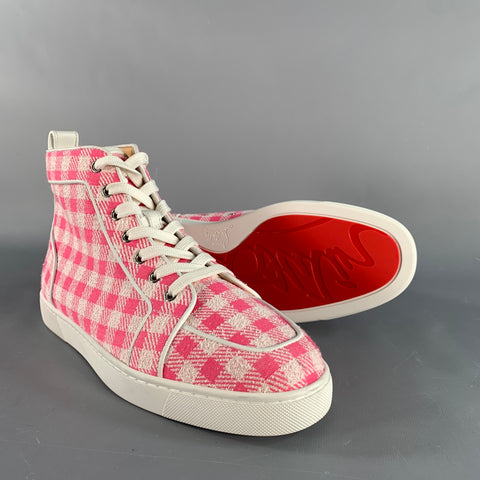 CHRISTIAN LOUBOUTIN Size 9 Pink White Checkered Fabric High Top Sneakers