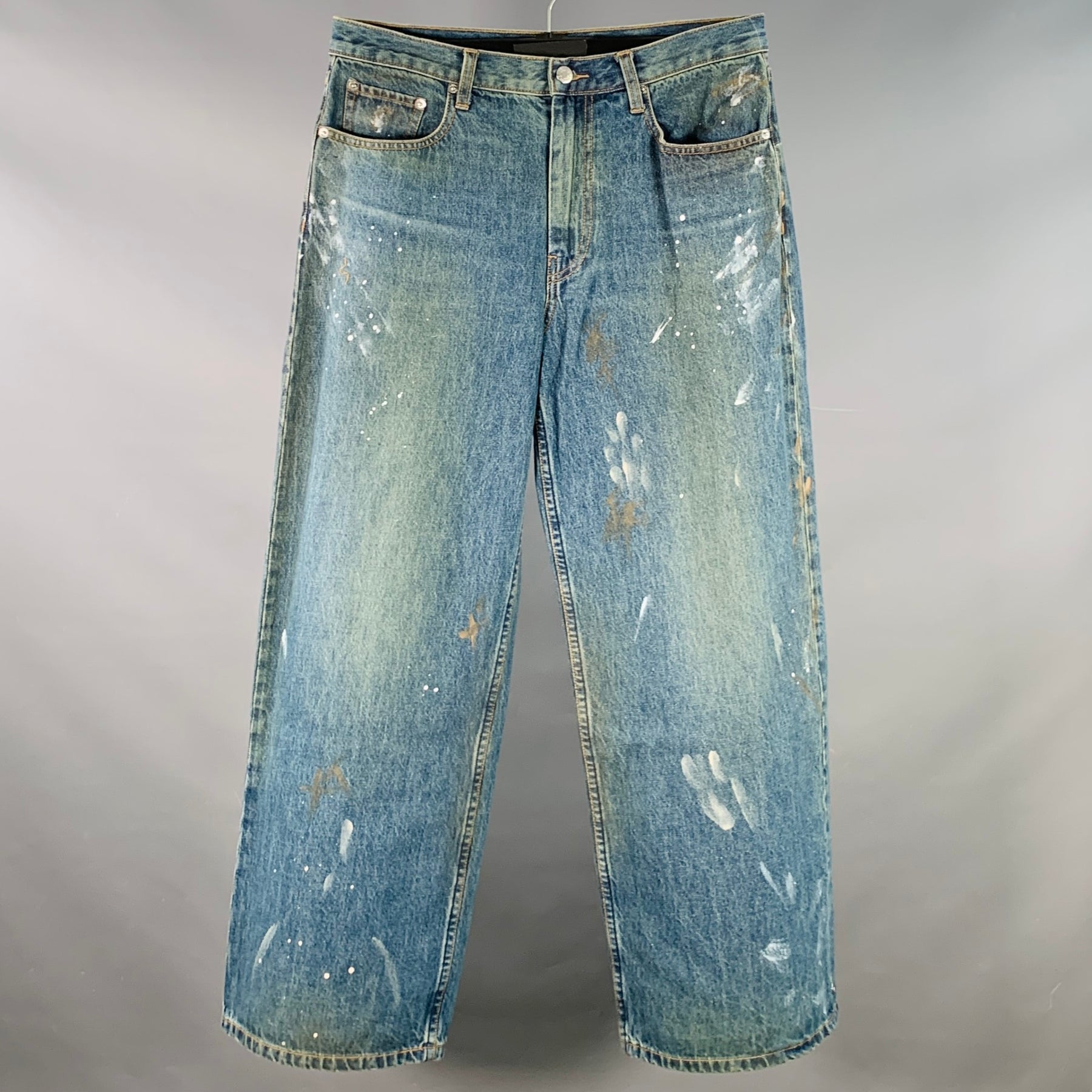 HELMUT LANG Size 32 Cropped Wide Leg Blue Paint Splatter Cotton