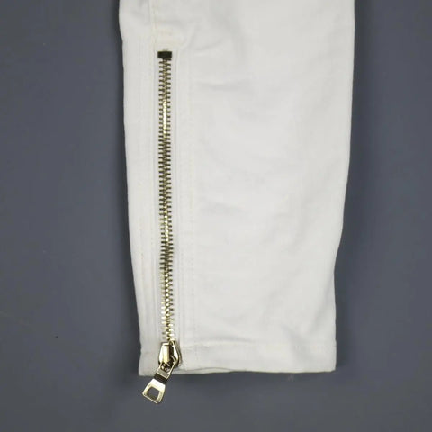 BALMAIN Size 4 White Cotton Gold Zip Moto Jeans BALMAIN