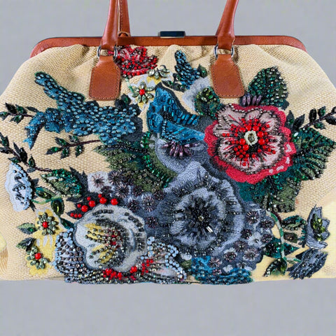 VALENTINO Beige Multi Color Woven Leather Beaded Raffia Handbag