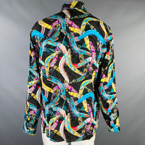 BILLIONAIRE COUTURE Size XL Black Multi Color Print Silk Long Sleeve Shirt