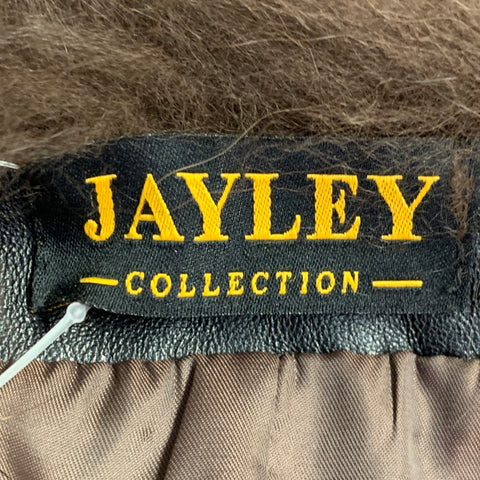 JAYLEY COLLECTION Gilet ouvert en cuir marron et noir avec bordure en fourrure Taille 40