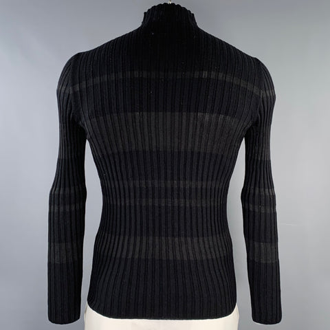 HERMES Size XXL Black Stripe Merino Wool Silk Ribbed Pullover