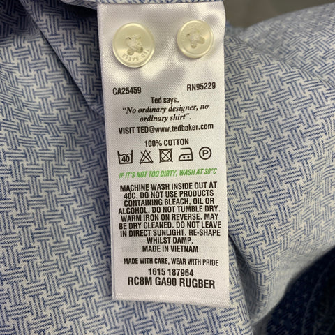 TED BAKER ENDURANCE Taille S Chemise à manches longues en coton tissé bleu et blanc avec col cutaway incurvé
