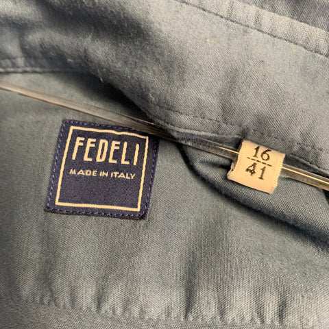 FEDELI Size M Blue Cotton Blend Spread Collar Long Sleeve Shirt