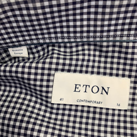 ETON Size M Navy White Gingham Cotton Curved Cutaway Long Sleeve Shirt