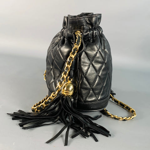 HENRI BENDEL Vintage Black Gold Quilted Leather Chain Crossbody Bucket Bag