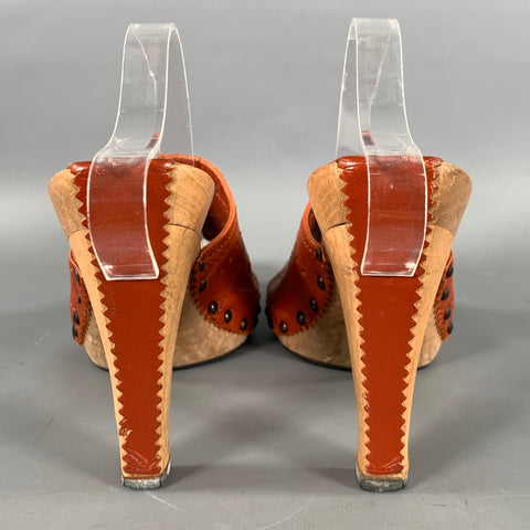 YVES SAINT LAURENT Size 9 Orange Rust Leather 1506 9070 39 Lazer Cut Sandals