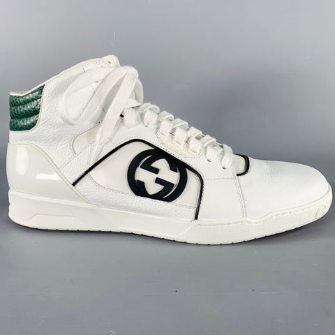 GUCCI Size 10 White Green Black Color Block Leather High Top Sneakers