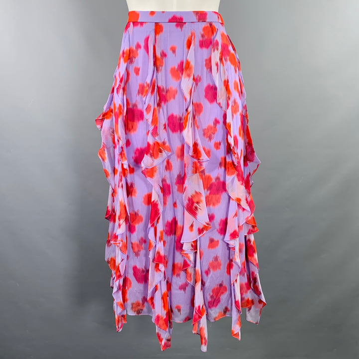 CAROLINA HERRERA Size 2 Purple Red Viscose Abstract Floral Ruffle Midi Skirt