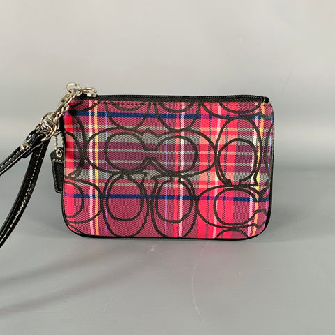 COACH Burgundy Black Plaid Patent Leather Fabric Wristlet