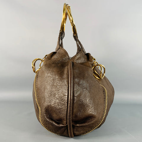 DONNA KARAN Brown Gold Goatskin Leather Top Handles Zippers Handbag