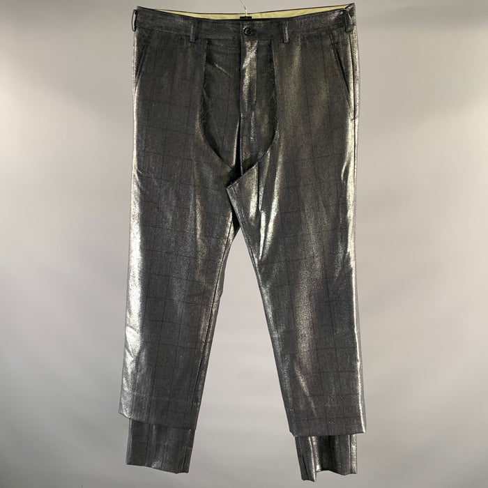 COMME des GARCONS Size 36 Grey Silver Window Pane Metallic Chap Panel Pants