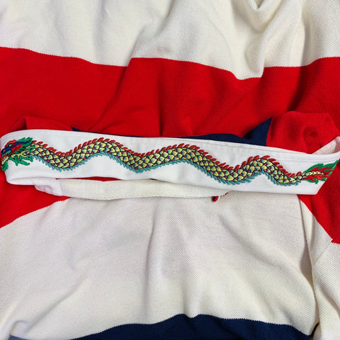 GUCCI Size M Cream Navy Red Stripe Dragon Applique Polo