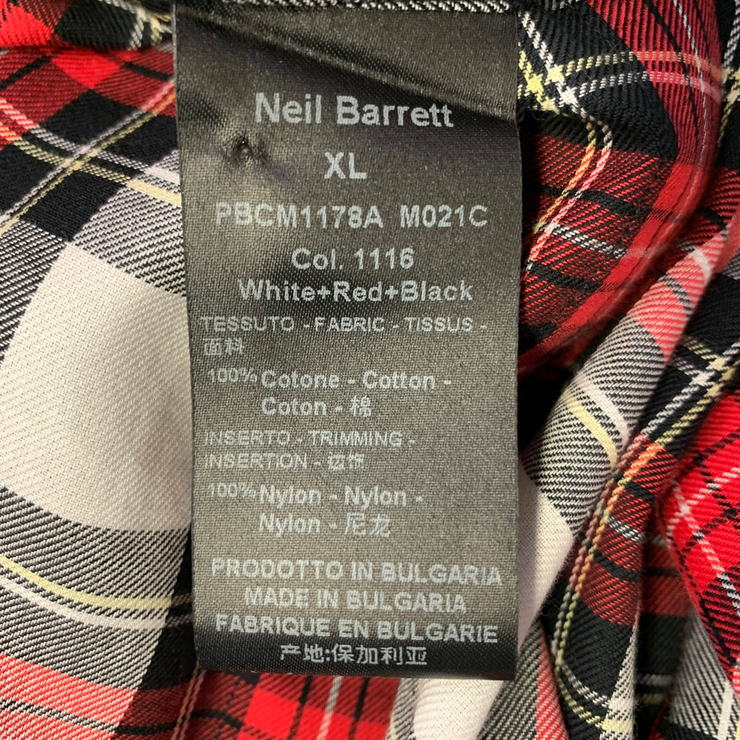 NEIL BARRETT Size XL Red Black White Plaid Cotton One Pocket Short Sleeve Shirt
