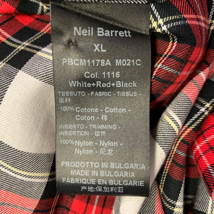 NEIL BARRETT Size XL Red Black White Plaid Cotton One Pocket Short Sleeve Shirt