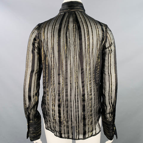 FRAME Size L Black Gold Metallic Stripe Bow Button Up Blouse