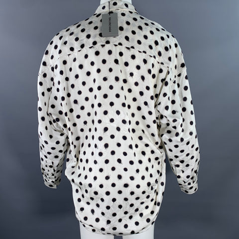 BALENCIAGA Size M White Black Polka Dot Viscose Silk Long Sleeve Shirt