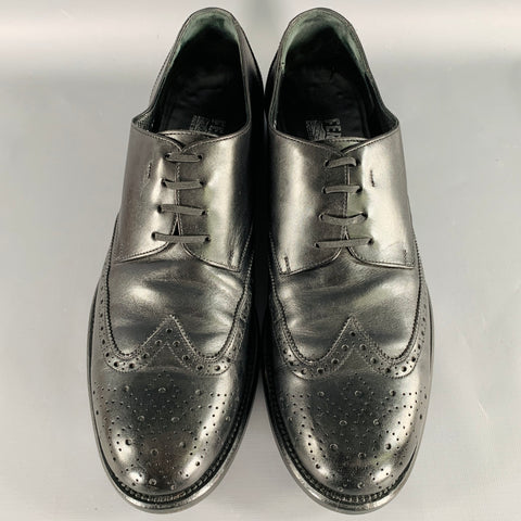 SALVATORE FERRAGAMO Size 10.5 Black Perforated Leather Wingtip Lace-Up Shoes