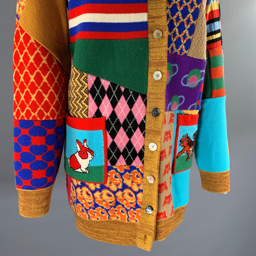 GUCCI Size XL Camel Wool Blend Patchwork Cardigan