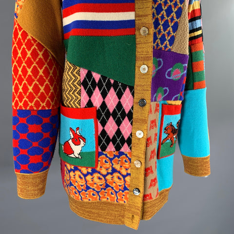 GUCCI Size XL Camel Wool Blend Patchwork Cardigan