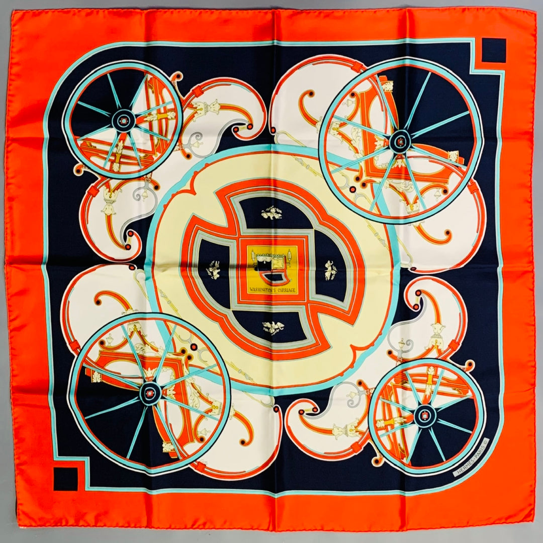 HERMES Washington's Carriage Red Multi Color Print Silk Scarf