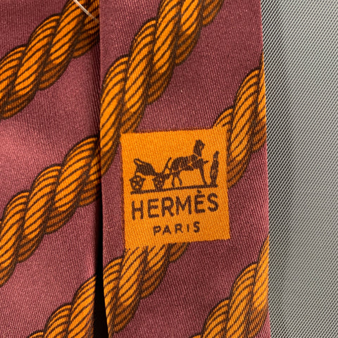 HERMES Orange Burgundy Rope Silk Cashmere Tie