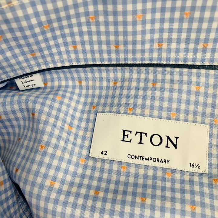 ETON Size L Blue White Orange Gingham Cotton Curved Cutaway Long Sleeve Shirt