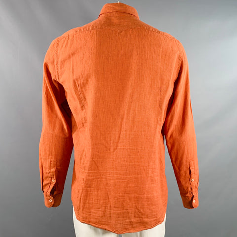 MASSIMO ALBA Size L Orange Black Stripe Linen Cotton Long Sleeve Shirt
