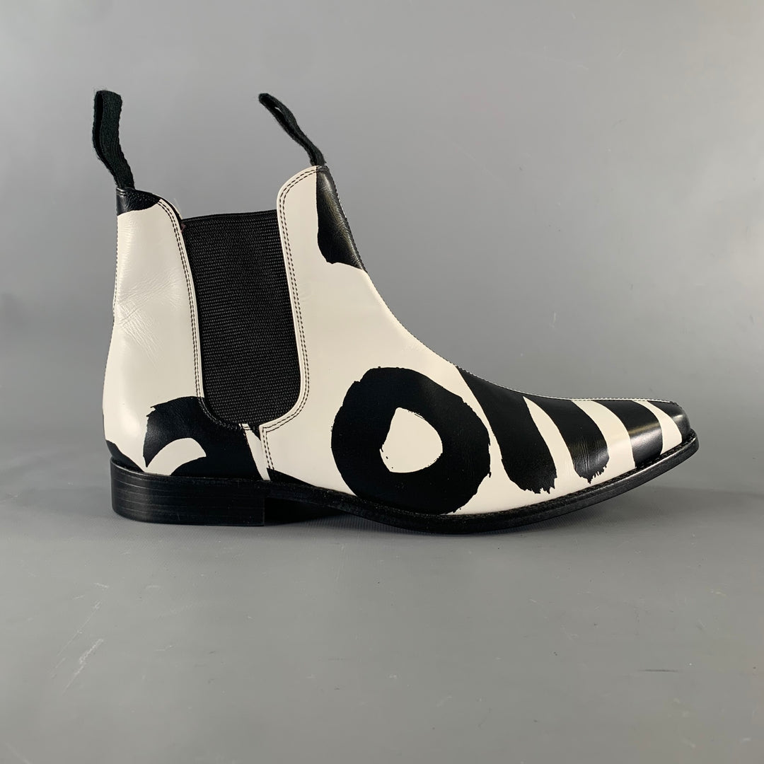 COMME des GARCONS HOMME PLUS Size 10 Black White Print Leather Pull On Boots