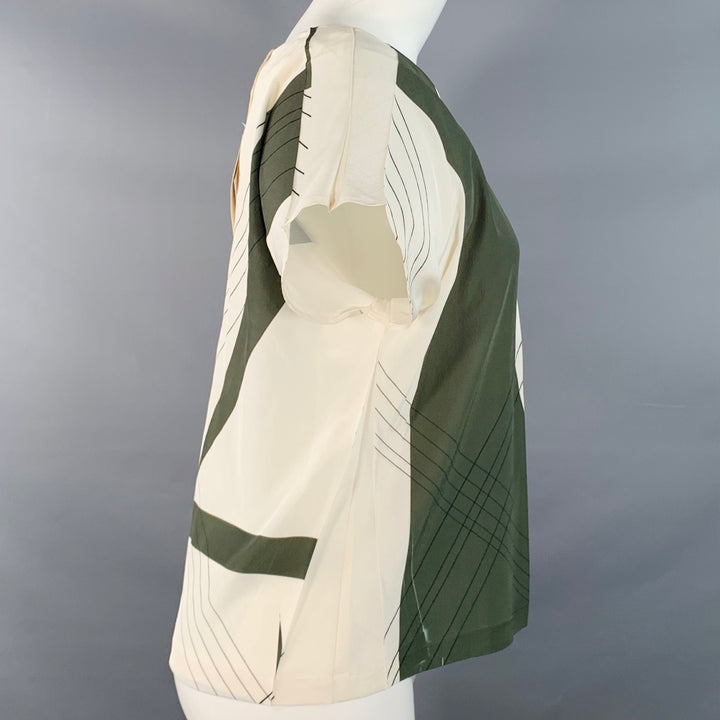 COTELAC Size 2 Cream Green Polyester Stripe Asymmetrical Pleated Casual Top