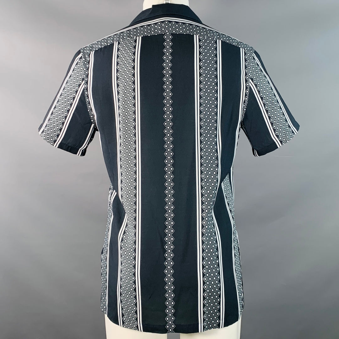 REISS Size M Yanis Navy White Diamonds Stripe Viscose Camp Short Sleeve Shirt