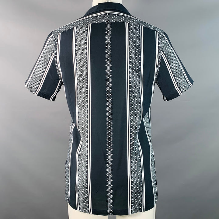 REISS Size M Yanis Navy White Diamonds Stripe Viscose Camp Short Sleeve Shirt