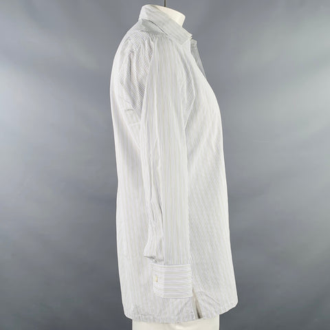 CHARVET Size L White Navy Green Stripe Cotton Curved Cutaway Long Sleeve Shirt